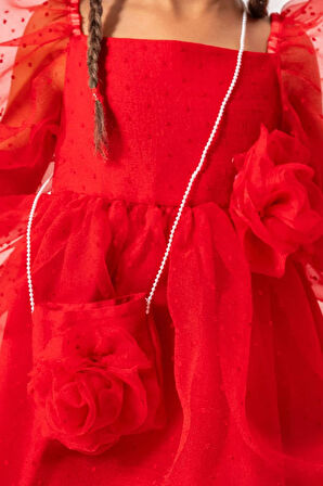 Minigimin Cicileri Çantalı Puanlu Kız Çocuk Tül Elbise - Kırmızı