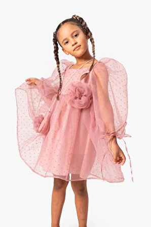 Minigimin Cicileri Çantalı Puanlu Kız Çocuk Tül Elbise - Gül Kurusu