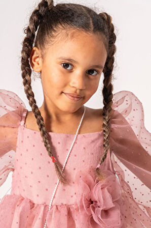 Minigimin Cicileri Çantalı Puanlu Kız Çocuk Tül Elbise - Gül Kurusu