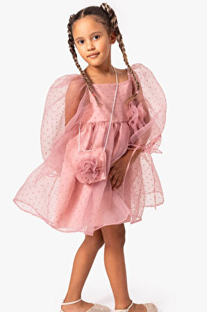 Minigimin Cicileri Çantalı Puanlu Kız Çocuk Tül Elbise - Gül Kurusu