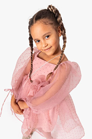 Minigimin Cicileri Çantalı Puanlu Kız Çocuk Tül Elbise - Gül Kurusu