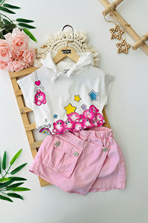 Miniğimin Cicileri Asimetrik Şort Etekli Yıldız Baskı kız Çocuk 3 lü Takım - Beyaz