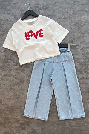 Miniğimin Cicileri Love Kot Bol Pantolon ve Tşört Kız Çocuk Takım - Açık Mavi