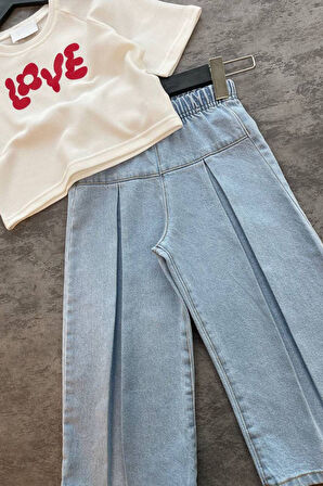 Miniğimin Cicileri Love Kot Bol Pantolon ve Tşört Kız Çocuk Takım - Açık Mavi