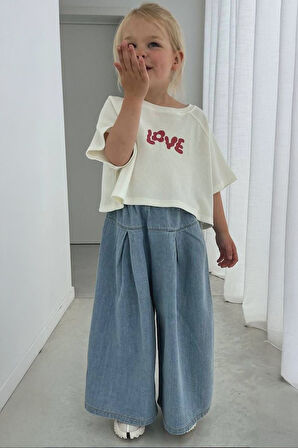 Miniğimin Cicileri Love Kot Bol Pantolon ve Tşört Kız Çocuk Takım - Açık Mavi