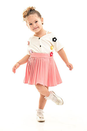 Miniğimin Cicileri Örgü Çiçek Detaylı Pileli Etekli Kız Çocuk 2 li Takım - Gül Kurusu