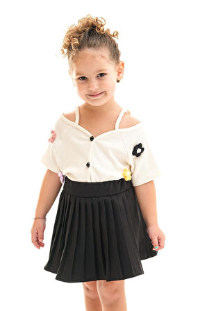 Miniğimin Cicileri Örgü Çiçek Detaylı Pileli Etekli Kız Çocuk 2 li Takım - Siyah