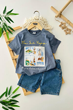 Miniğimin Cicileri Pano The Sea Desenli Erkek Çocuk Kot Şortlu Takım - Mavi