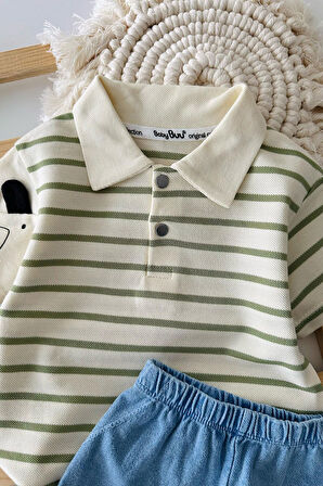 Miniğimin Cicileri Lacost Sevimli Ayıcıl Detaylı Çizgiliz Erkek Bebe Takım - Yeşil