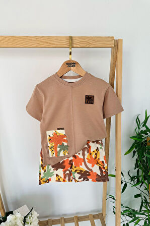 Miniğimin Cicileri Palmiye Panç İşlemeli Erkek Çocuk Pamuklu Yazlık Takım - Kahve