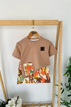 Miniğimin Cicileri Palmiye Panç İşlemeli Erkek Çocuk Pamuklu Yazlık Takım - Kahve