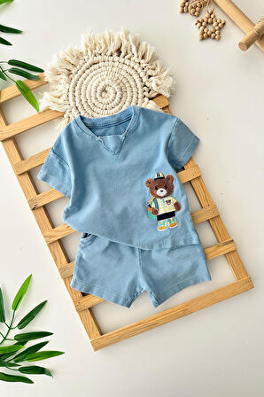 Miniğimin Cicileri Bear Panç İşleme Erkek Bebe Yumuşak kotlu Takım - Mavi