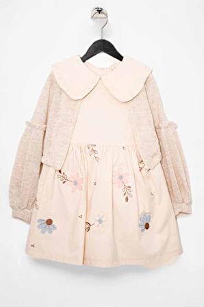 Minigimin Cicileri Çiçek İşlemeli Balon Kol Hırkalı Kız Çocuk Elbise Takım - Krem