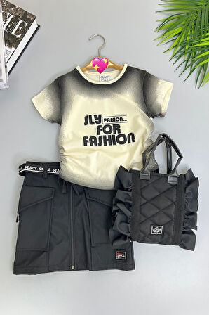 Miniğimin Cicileri Sly Fashion Çantalı Kız Çocuk 3 lü Etekli Takım - Siyah