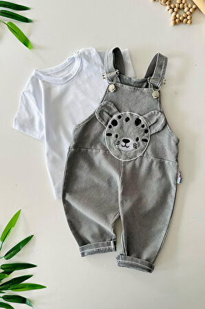 Miniğimin Cicileri Kedicik İşleme Detaylı Yumuşak Kotlu Erkek Bebe 2 li Takım - Gri