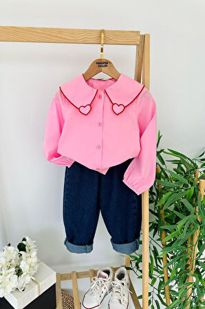 Miniğimin Cicileri Kalp İşleme Detaylı Kot Pantolonlu Kız Çocuk 2 li Takım - Pembe