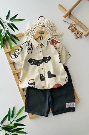 Miniğimin Cicileri Kaykay Desenli Pamuklu Erkek Çocuk Şortlu Takım - Krem