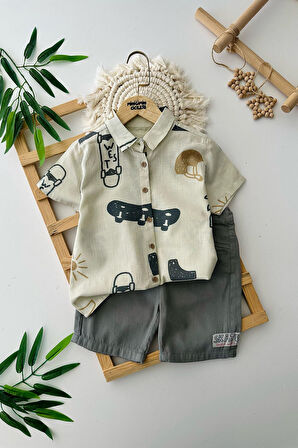 Miniğimin Cicileri Kaykay Desenli Pamuklu Erkek Çocuk Şortlu Takım - Yeşil