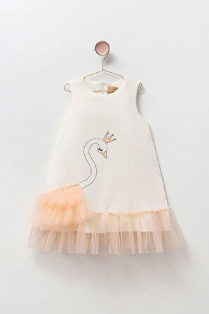 Miniğimin Cicileri Kuğulu Tüllü Kız Çocuk Asterlı Elbise - Somon