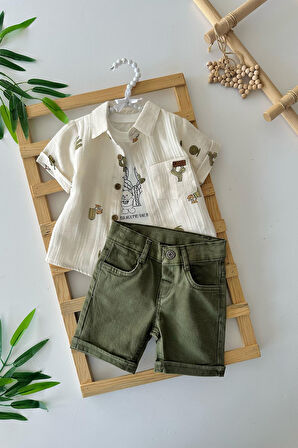 Miniğimin Cicileri Müslin Gömlekli Kaktüs Desenli Erkek Bebek 3 lü Şortlu Takım - Yeşil