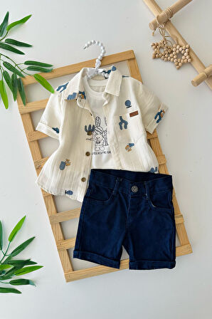 Miniğimin Cicileri Müslin Gömlekli Kaktüs Desenli Erkek Bebek 3 lü Şortlu Takım - Mavi