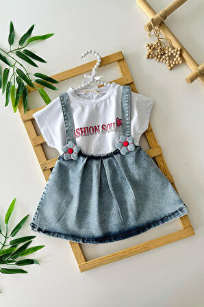 Miniğimin Cicileri Fashion Baskılı Çiçek Detaylı Kız Çocuk 2 li Kot Jileli Takım - Mavi