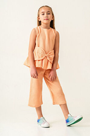 Miniğimin Cicileri Müslin Pamuklu Fiyonk Detaylı Kız Çocuk Kapri 2 li Takım - Turuncu