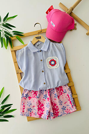 Miniğimin Cicileri Cep Örgü Dantel Detaylı Kız Çocuk Etnik Şortlu Takım - Lila