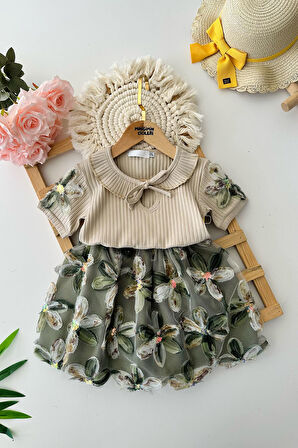 Miniğimin Cicileri Eteği Zambak Desenli Renkli Payetli Kız Çocuk 2 li Takım - Yeşil