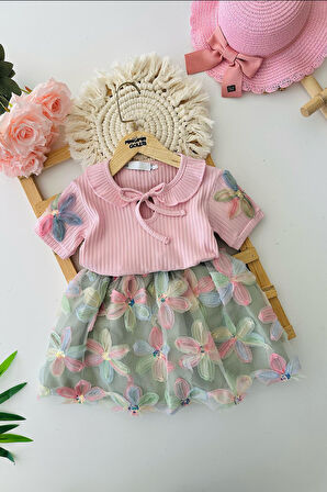 Miniğimin Cicileri Eteği Zambak Desenli Renkli Payetli Kız Çocuk 2 li Takım - Pembe