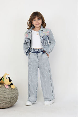 Miniğimin Cicileri Zambak Tül Detaylı Kız Çocuk Kot Ceketli 2 li Takım - Açık Mavi