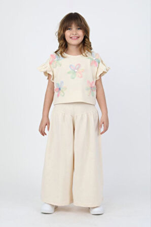 Miniğimin Cicileri Zambak Detaylı Kız Çocuk Bol Pantolonlu Kız Çocuk Penye 2 li Takım - Krem