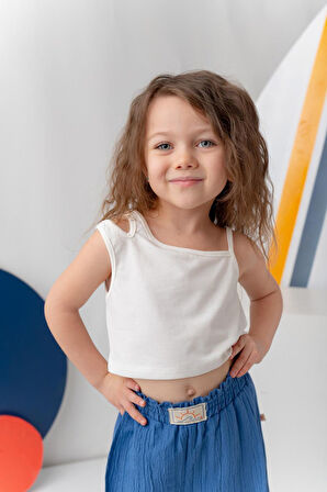 Miniğimin Cicileri Kolsuz Crop Üst ve Yırtmaçlı Bol Paça Kız Çocuk Takım - Mavi