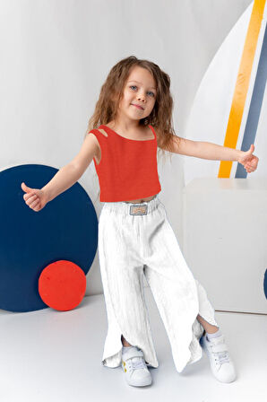 Miniğimin Cicileri Kolsuz Crop Üst ve Yırtmaçlı Bol Paça Kız Çocuk Takım - Turuncu