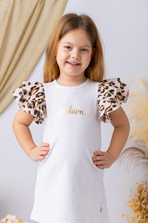 Miniğimin Cicileri Kolları Leopar Volanlı Fashion Kız Çocuk Elbise - Beyaz