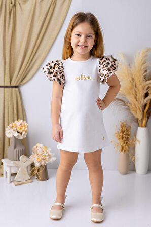 Miniğimin Cicileri Kolları Leopar Volanlı Fashion Kız Çocuk Elbise - Beyaz
