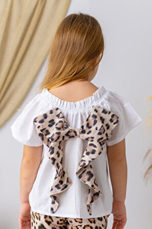 Miniğimin Cicileri Fiyonk Detaylı Leopar Desenli Kız Çocuk Takım - Beyaz