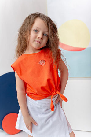 Miniğimin Cicileri Nakış Detay T-shirt Yandan Düğmeli Şort Etek Kız Çocuk Takım - Turuncu