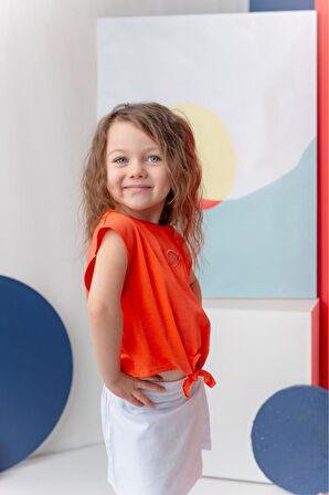 Miniğimin Cicileri Nakış Detay T-shirt Yandan Düğmeli Şort Etek Kız Çocuk Takım - Turuncu