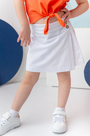 Miniğimin Cicileri Nakış Detay T-shirt Yandan Düğmeli Şort Etek Kız Çocuk Takım - Turuncu