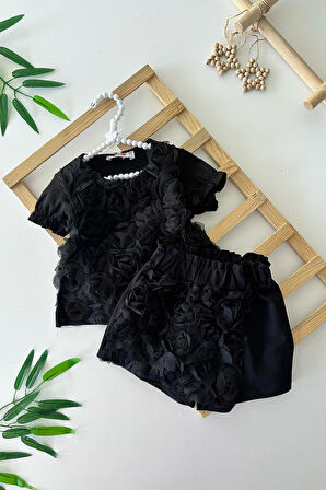 Miniğimin Cicileri Tül Çiçek Detaylı Kız Çocuk Şort Etekli 2 li Penye Takım - Siyah