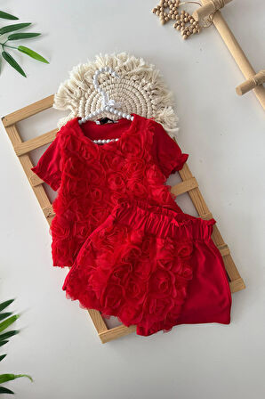 Miniğimin Cicileri Tül Çiçek Detaylı Kız Çocuk Şort Etekli 2 li Penye Takım - Kırmızı