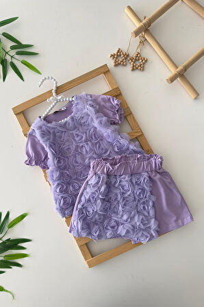 Miniğimin Cicileri Tül Çiçek Detaylı Kız Çocuk Şort Etekli 2 li Penye Takım - Lila