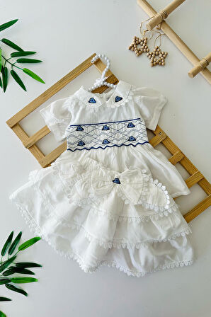 Miniğimin Cicileri Fistolu Çiçek İşleme Detaylı Terikoton Pamuklu Kız Çocuk Etekli Takım - Beyaz
