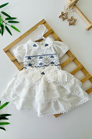 Miniğimin Cicileri Fistolu Çiçek İşleme Detaylı Terikoton Pamuklu Kız Çocuk Etekli Takım - Beyaz