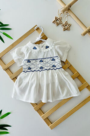 Miniğimin Cicileri Fistolu Çiçek İşleme Detaylı Terikoton Pamuklu Kız Çocuk Etekli Takım - Beyaz