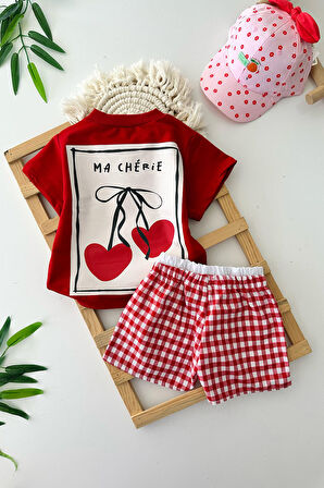 Miniğimin Cicileri Kiraz Baskılı Ekose Şortlu Kız Çocuk Şortlu Takım - Kırmızı