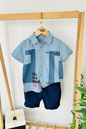 Miniğimin Cicileri “Feel Cool Vibes” Yazılı Erkek Çocuk Kot Şortlu Takım - Mavi