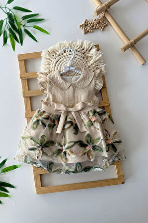 Miniğimin Cicileri Zambak Desenli Payetlı Kız Bebe Elbise - Bej