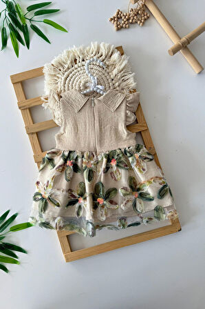 Miniğimin Cicileri Zambak Desenli Payetlı Kız Bebe Elbise - Bej